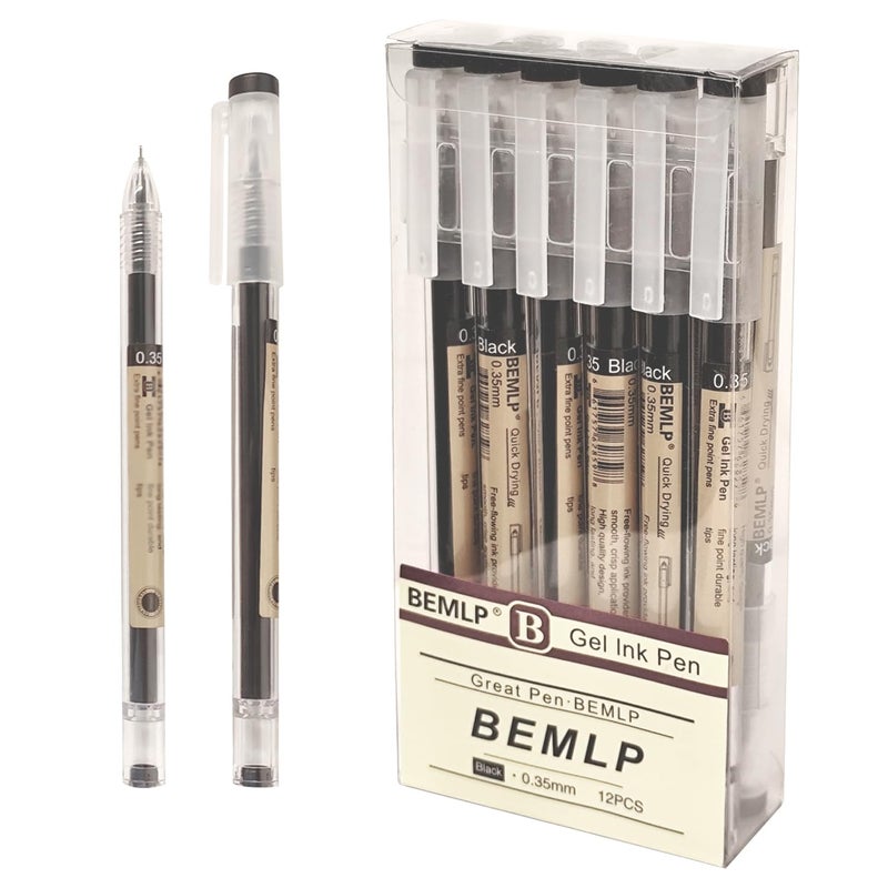 BEMLP Gel ink Pen 0.35mm Black Liquid Ink Rollerball Gel Pens Quick Drying fine point Pens Ballpoint Japanese Pens Premium School Office student Exam Writing Stationery Supply 12 Pcs/Set (Black) - Image 1